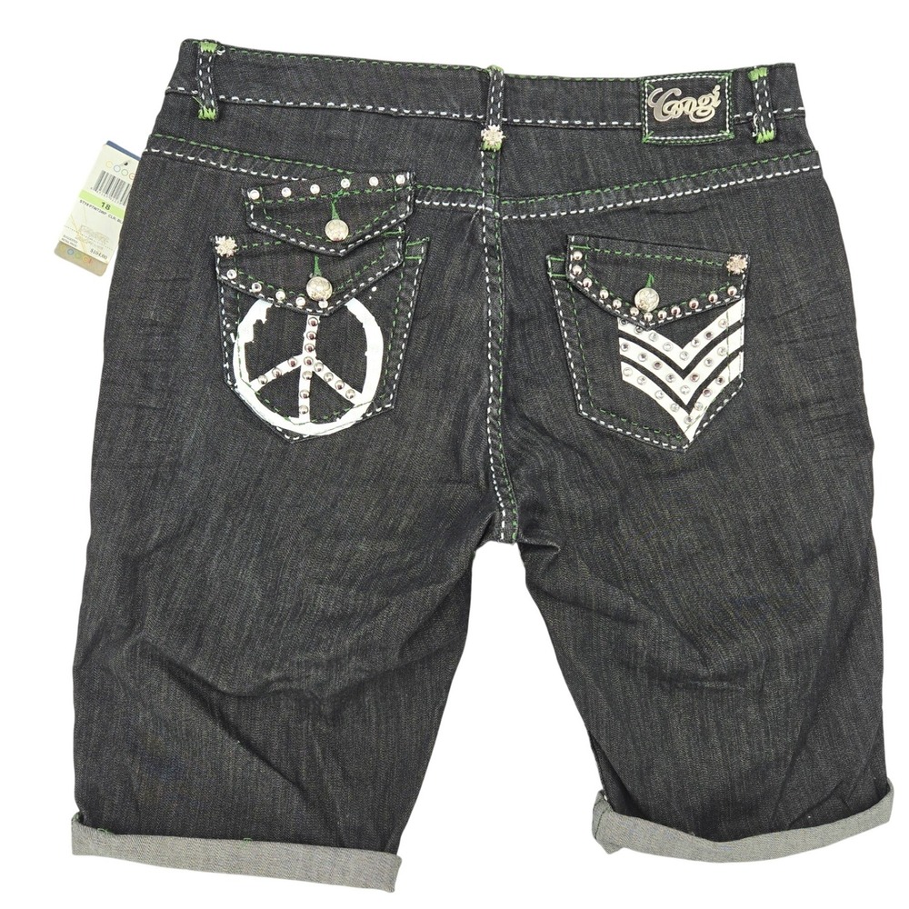 COOGI‎ NWT 18 Denim Bermuda Shorts Women Y2K Hip Hop Streetwear Peace Sign